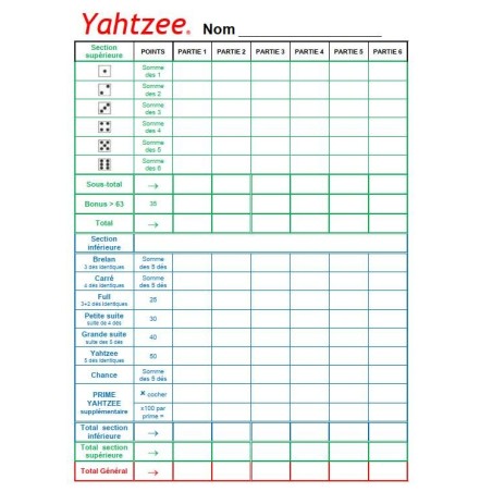 Feuille de score de Yam's/Yahtzee à imprimer